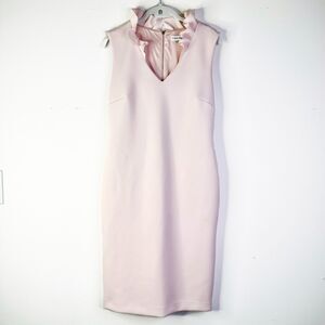 CALVIN KLEIN Dress Women 10 Pink Blush Ruffle Neck Sheath Sleeveless Midi Fitted